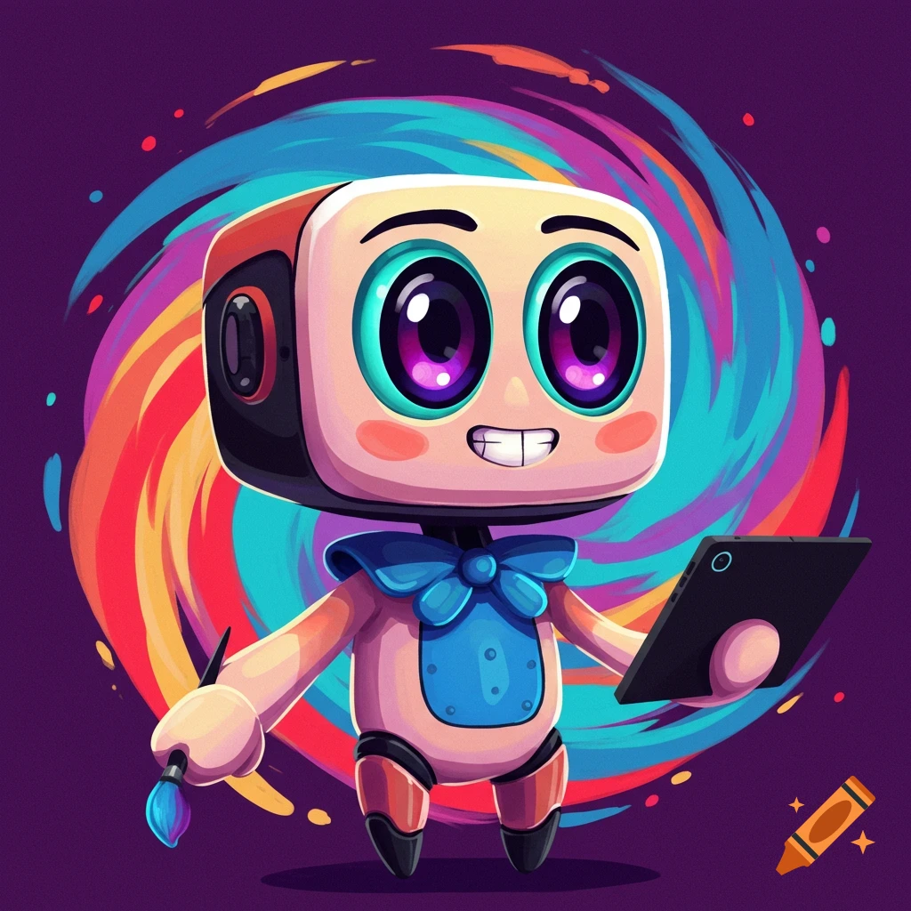 A cute cartoon robot holding a paintbrush and tablet against a swirling colorful background.