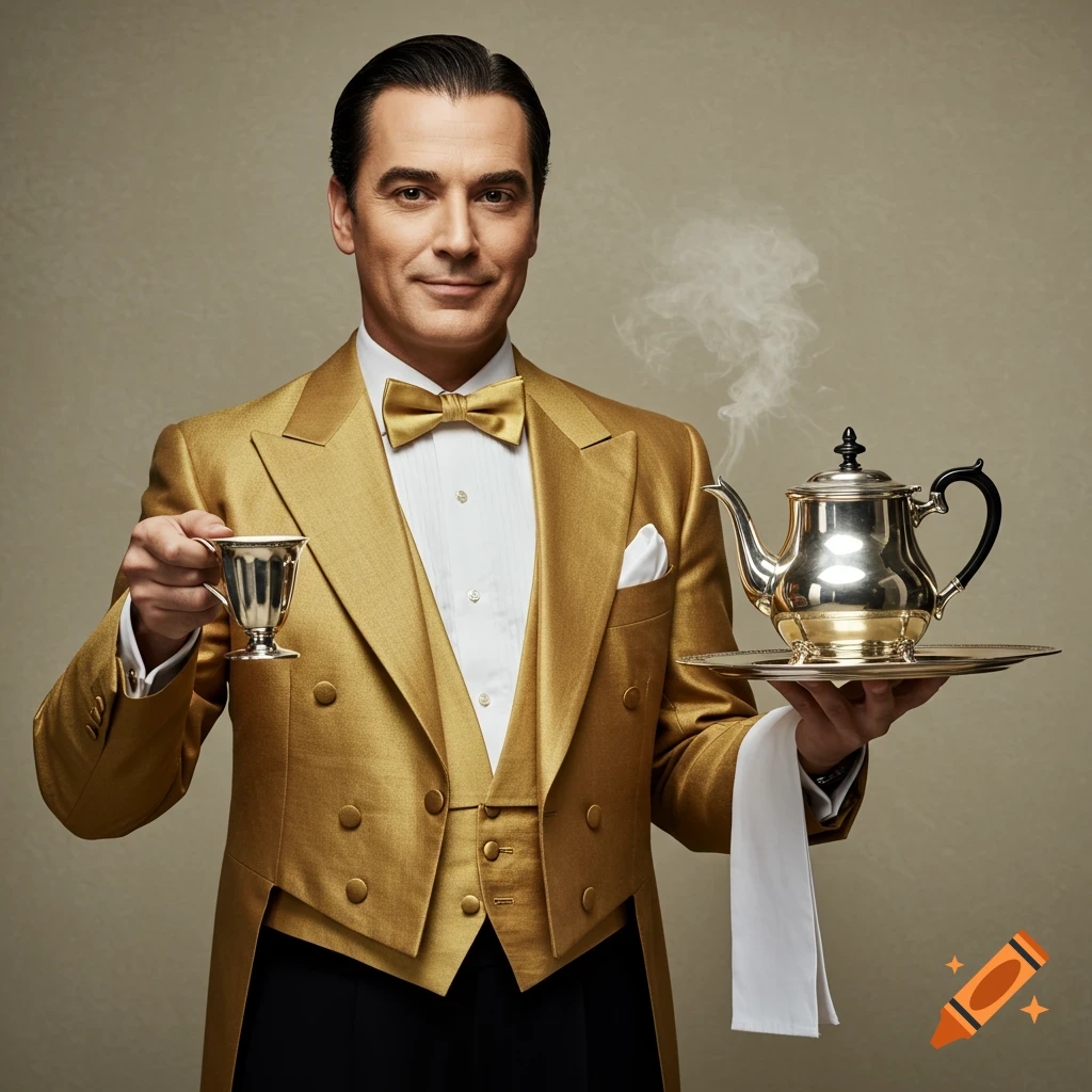Man in gold tuxedo holds tea cup and silver teapot in photograph style.
