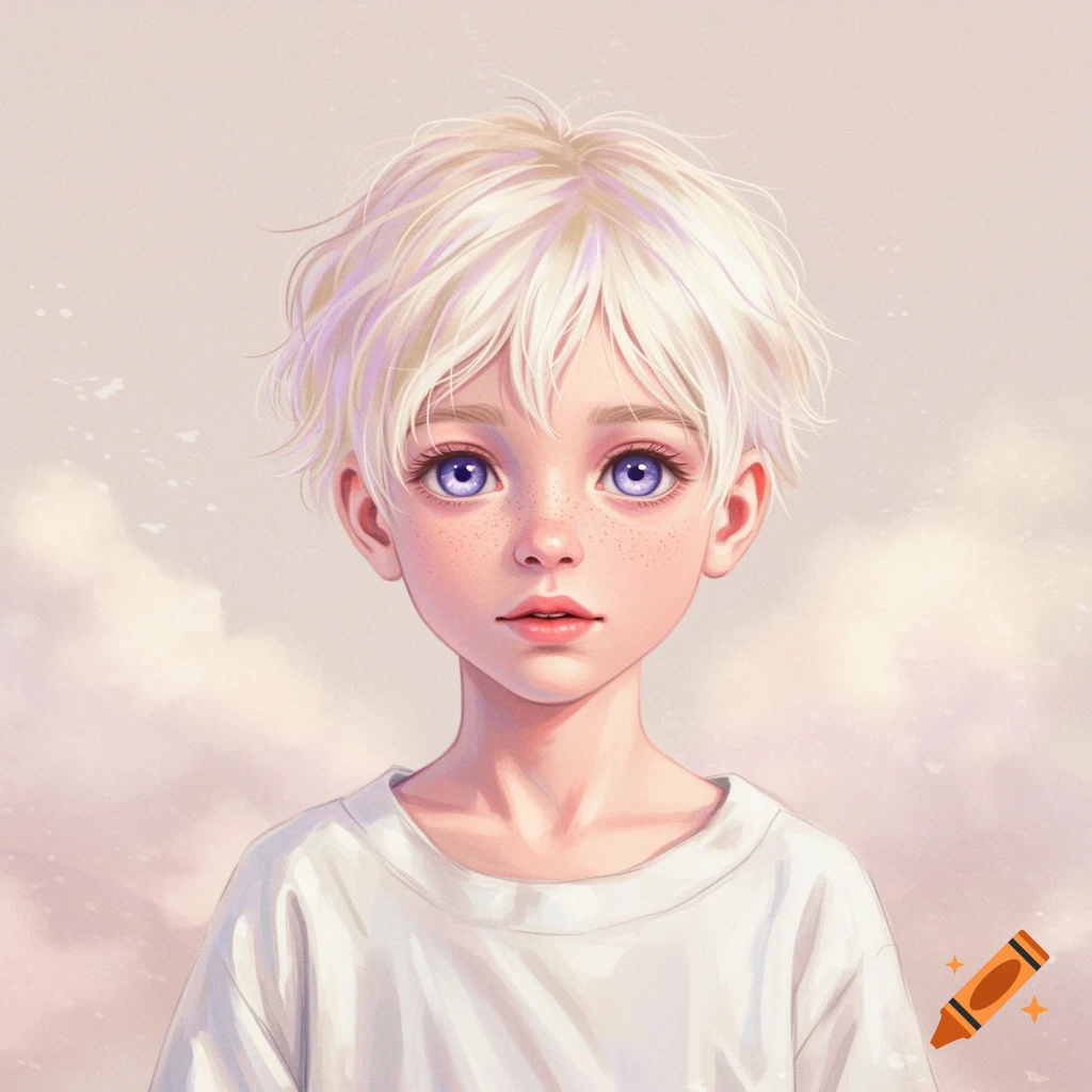portrait of a child with blonde hair and purple eyes