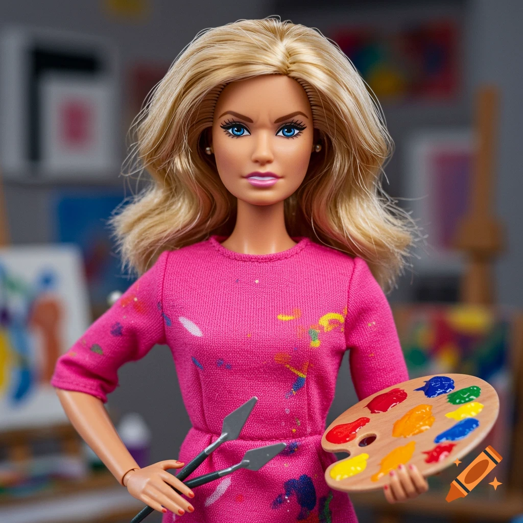 Close-up portrait of an Art Teacher Barbie doll holding a paint palette and palette knives