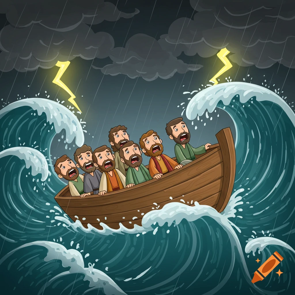 Cartoon of a boat full of frightened people being tossed by large waves in a storm with lightning.