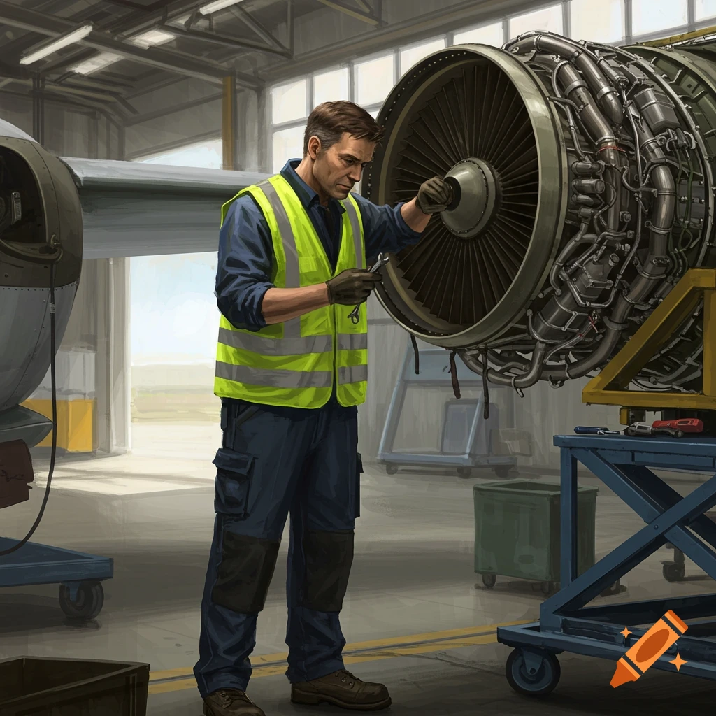 An aircraft mechanic in a yellow vest is working on a large jet engine in a hangar.