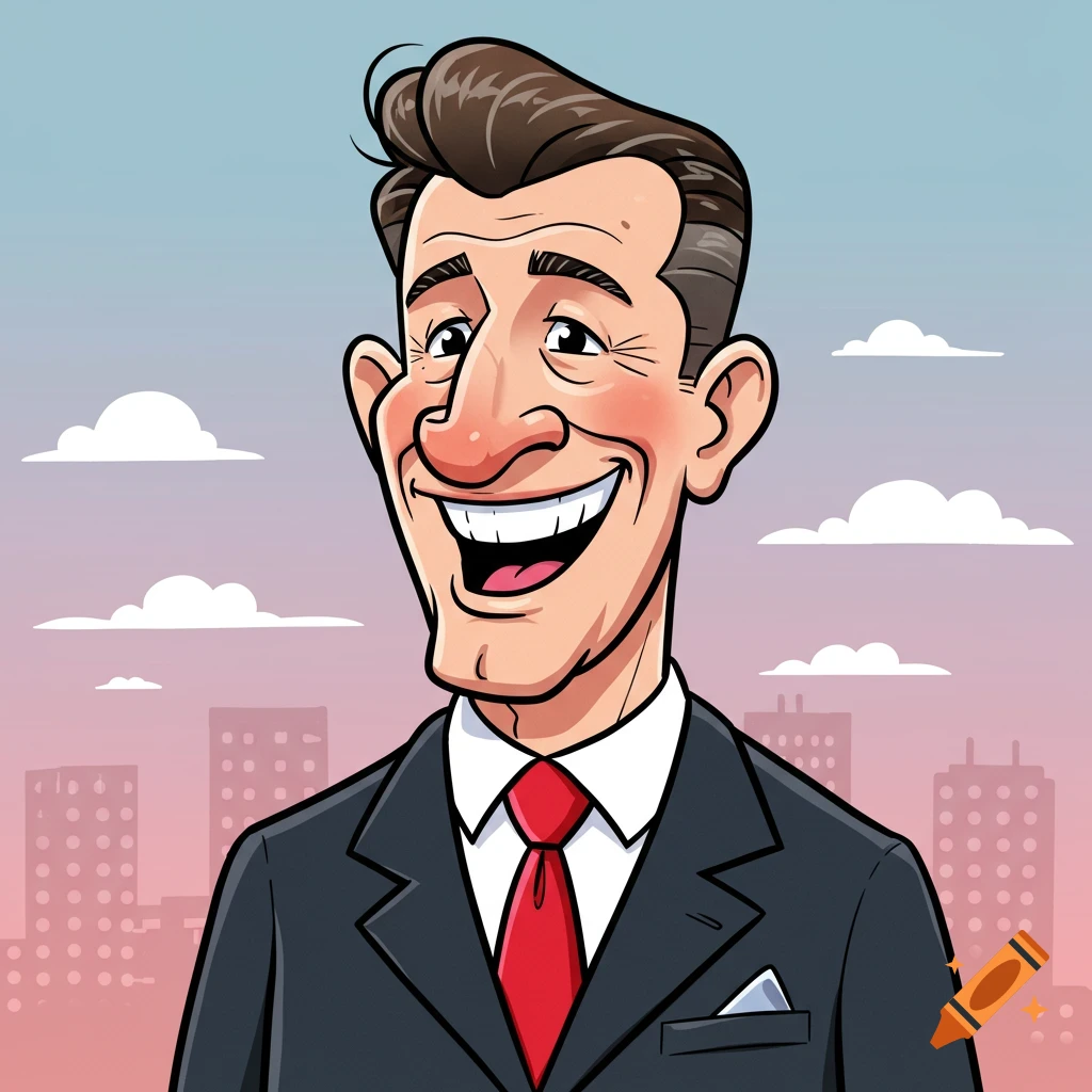 Cartoon portrait of a smiling politician in a suit and red tie, with a city background.