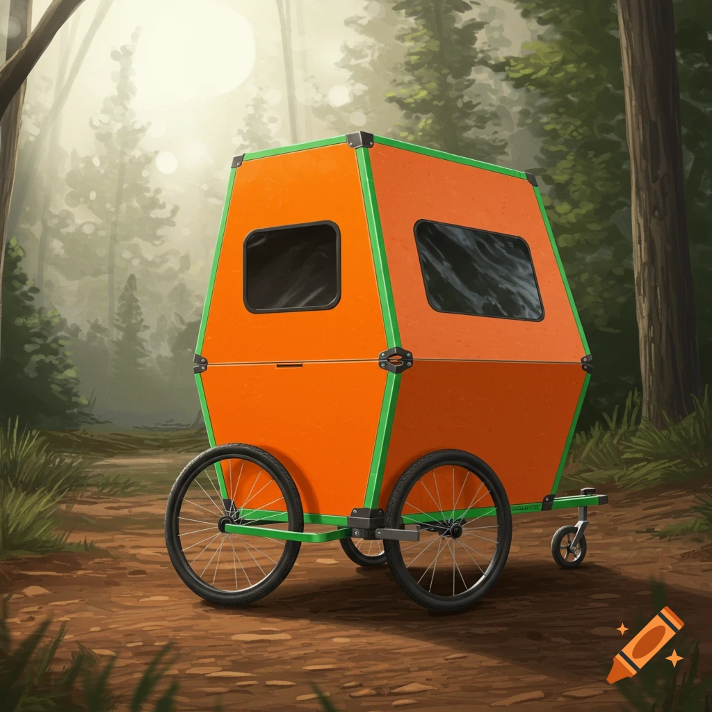 An orange and green bike camper trailer on a dirt path in a forest.