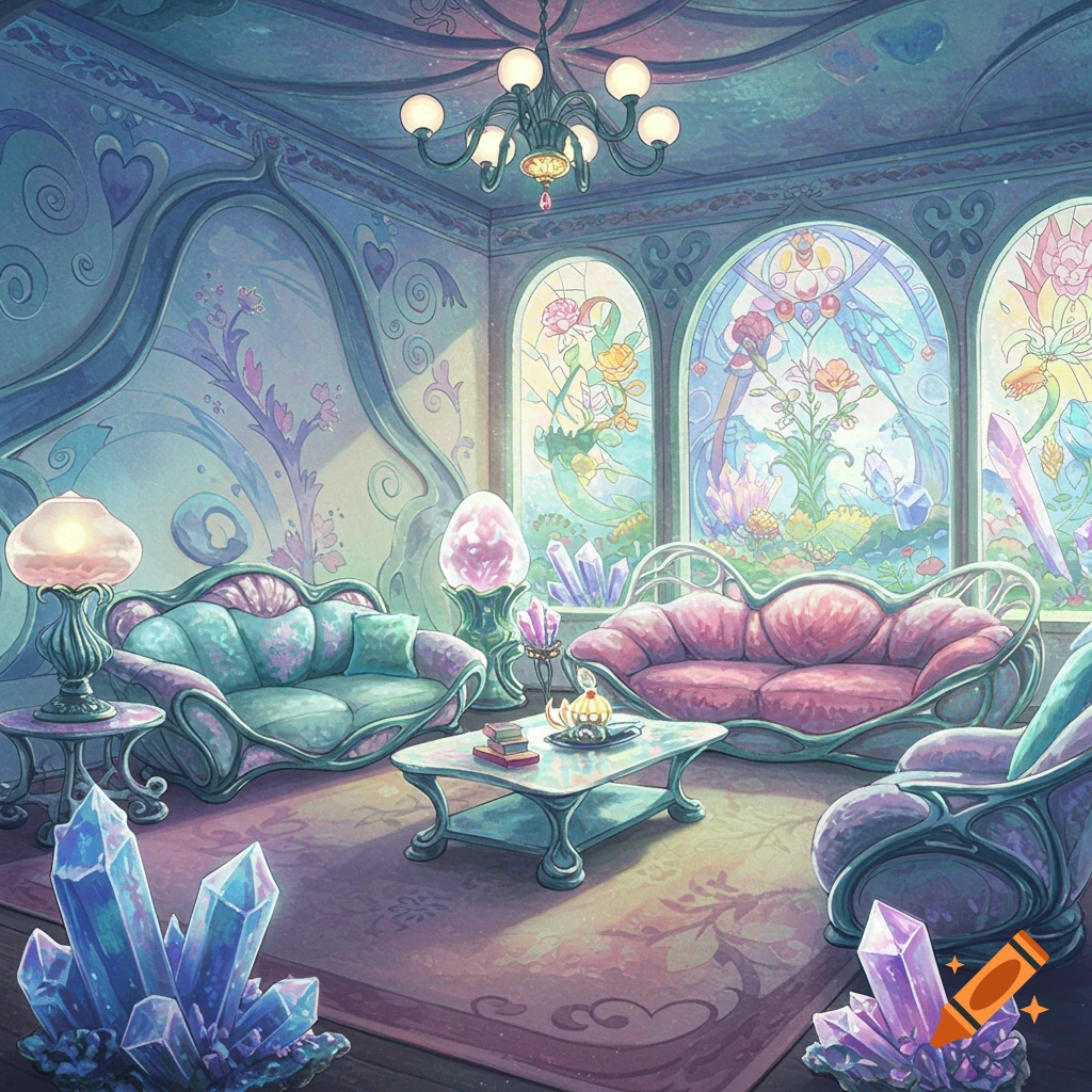 A fantasy living room inspired by Yoshitaka Amano, featuring crystal furniture, large geode clusters, and stained glass windows in pastel colors.