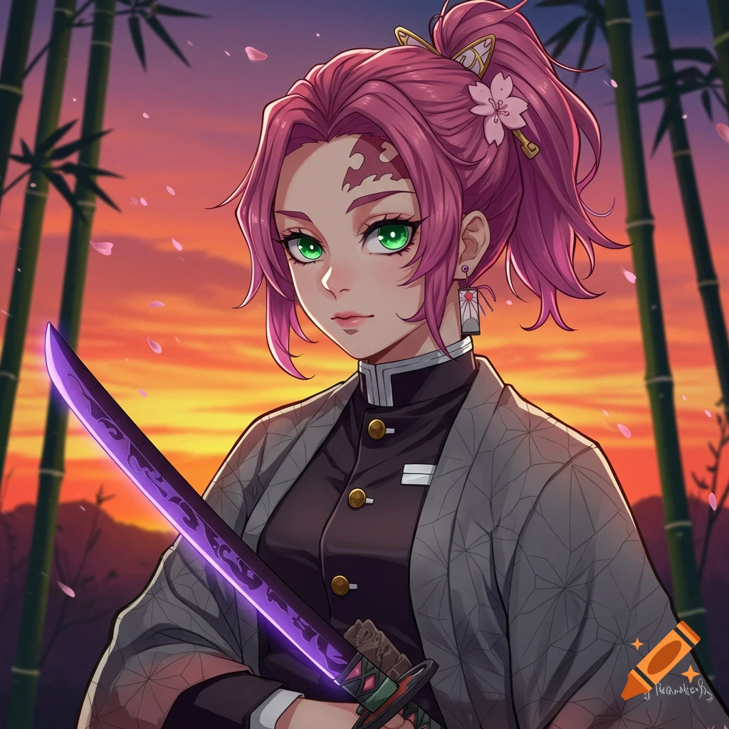 Anime character with pink hair and green eyes holding a purple sword at sunset with bamboo