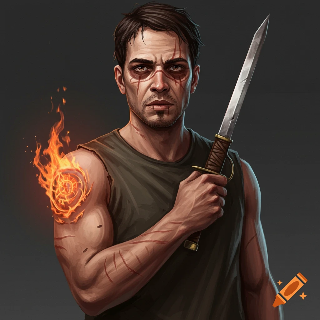 A man with face marks, scars, and a fiery symbol on his arm, holding a knife.
