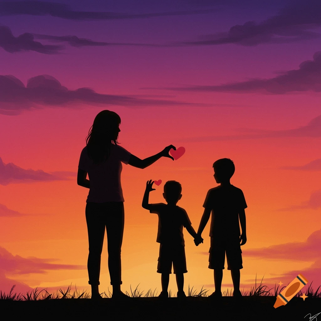 Silhouette of mother and two sons forming hearts against a sunset.