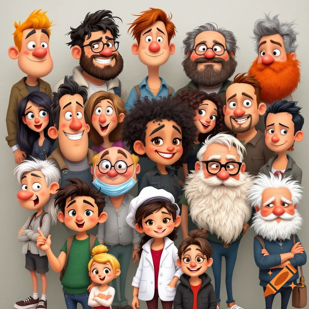A large group of diverse, stylized animated characters smiling and looking at the camera.