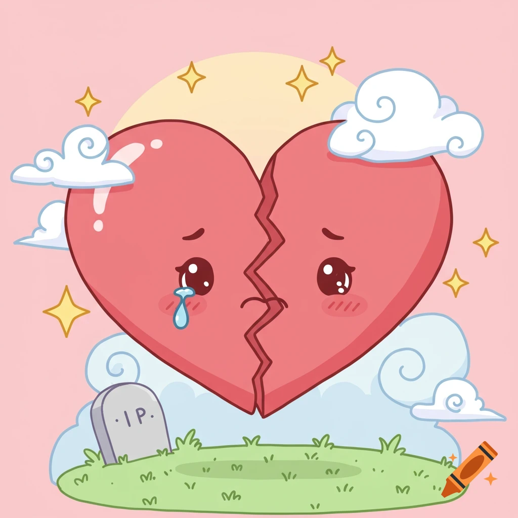 Cartoon broken heart crying next to a tombstone.