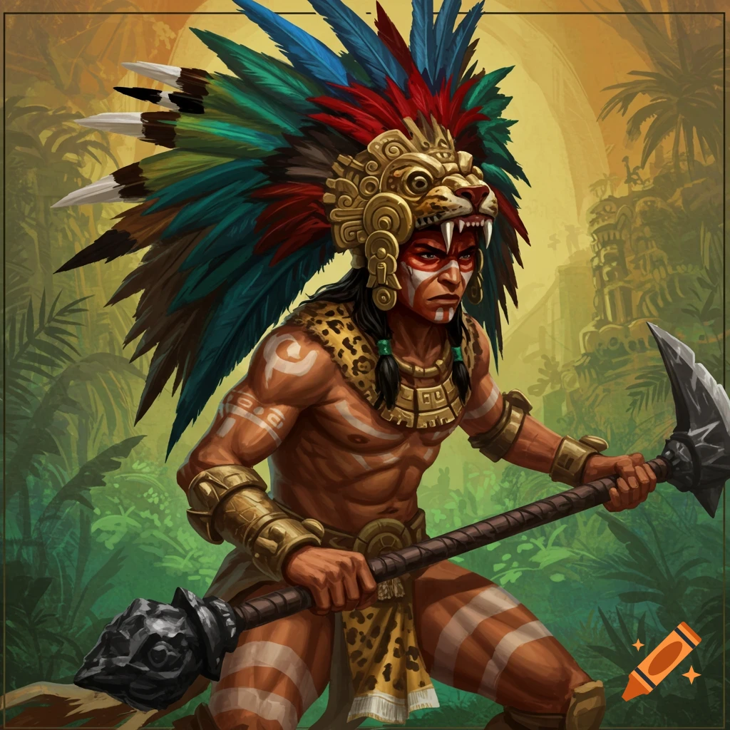 An Aztec-style warrior with a large feathered headdress and war paint holds a weapon in a jungle setting.