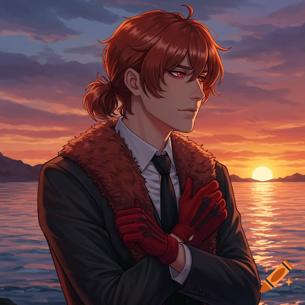 Anime portrait of a red-haired man in a suit and fur-lined jacket, wearing red gloves, standing by the sea at sunset.