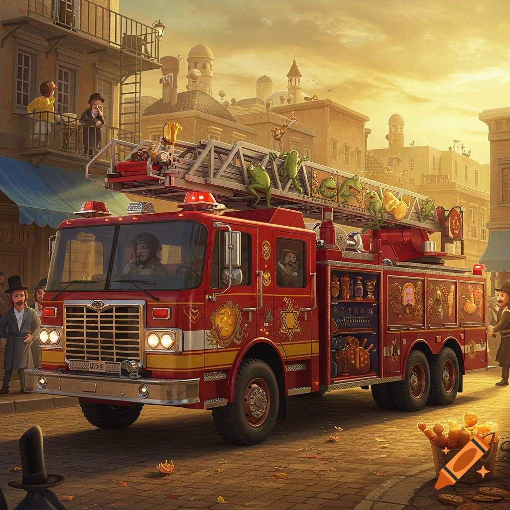 A red fire truck is decorated with Jewish symbols and has frogs on its ladder, in a street scene.