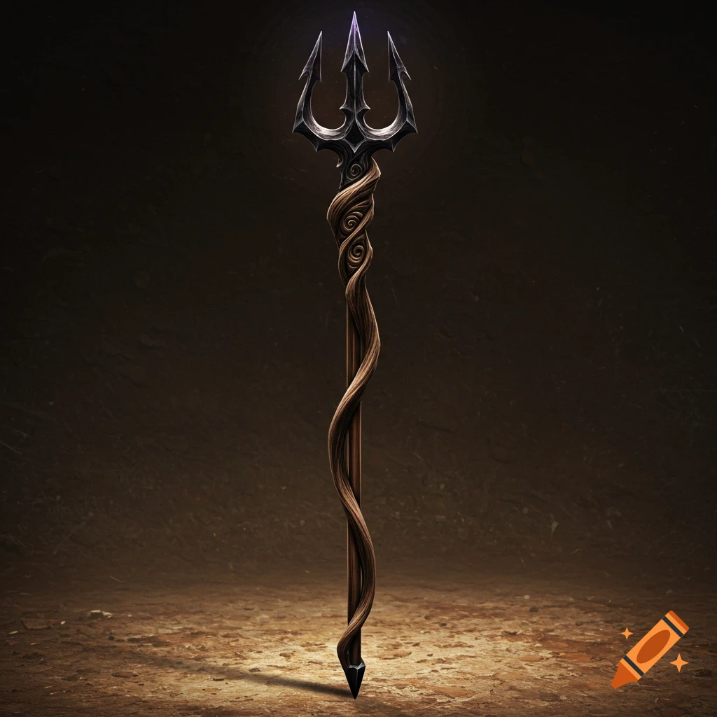 A dark fantasy staff with a trident head, standing in a dusty ground.