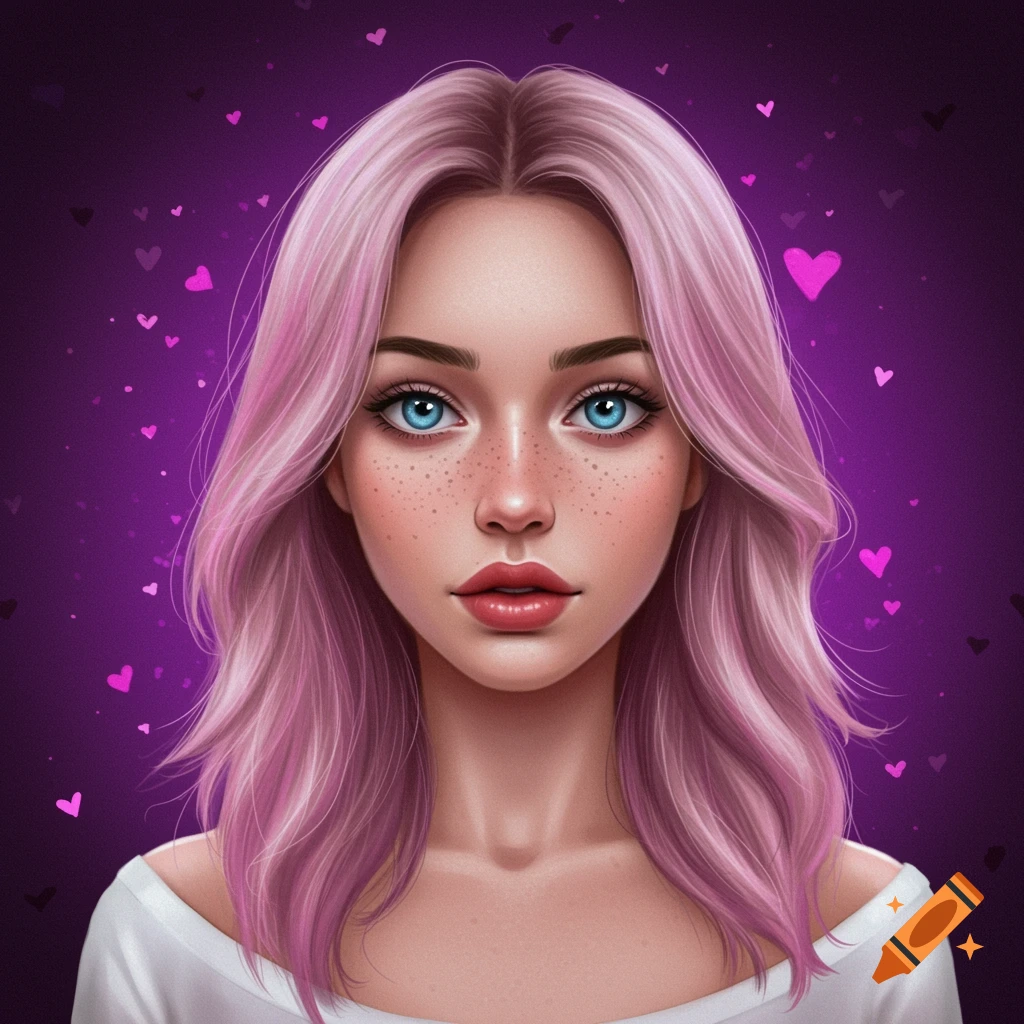 Portrait of a young woman with pink hair and blue eyes against a purple background with floating hearts.