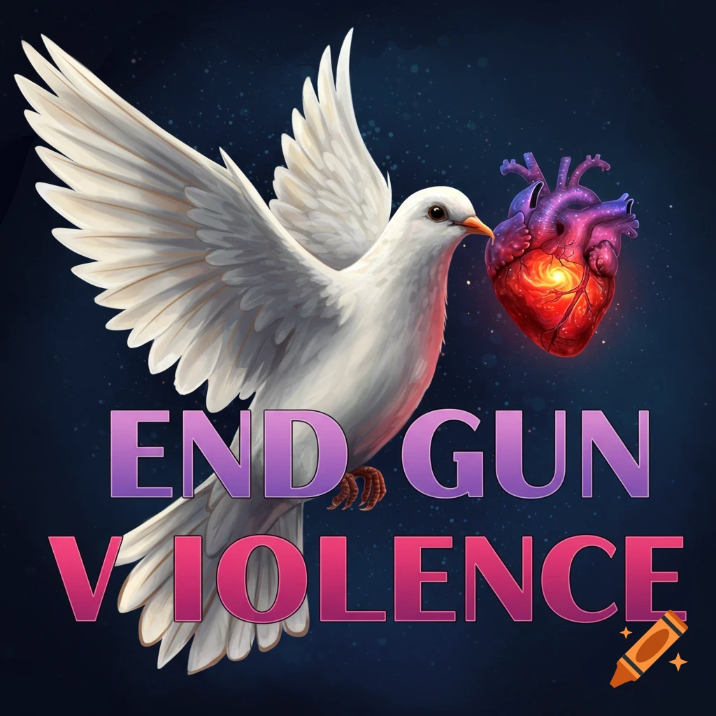 A white dove carrying a glowing heart over the words 'END GUN VIOLENCE'.