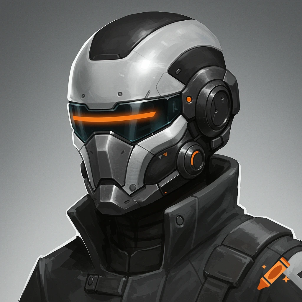 A close-up of a futuristic character wearing a grey and black helmet with an orange visor line and a black jacket.