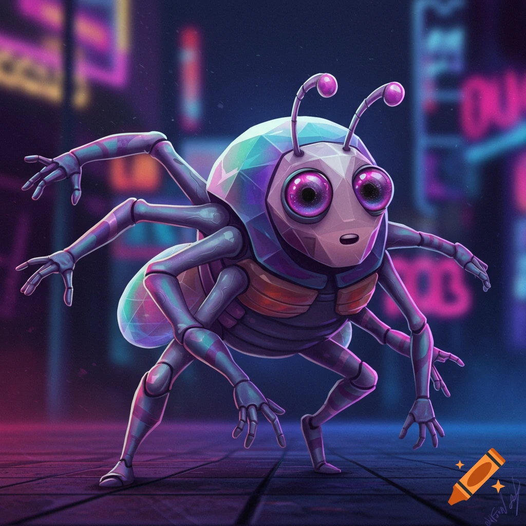 A multi-limbed insect creature with a faceted head in a neon-lit street.