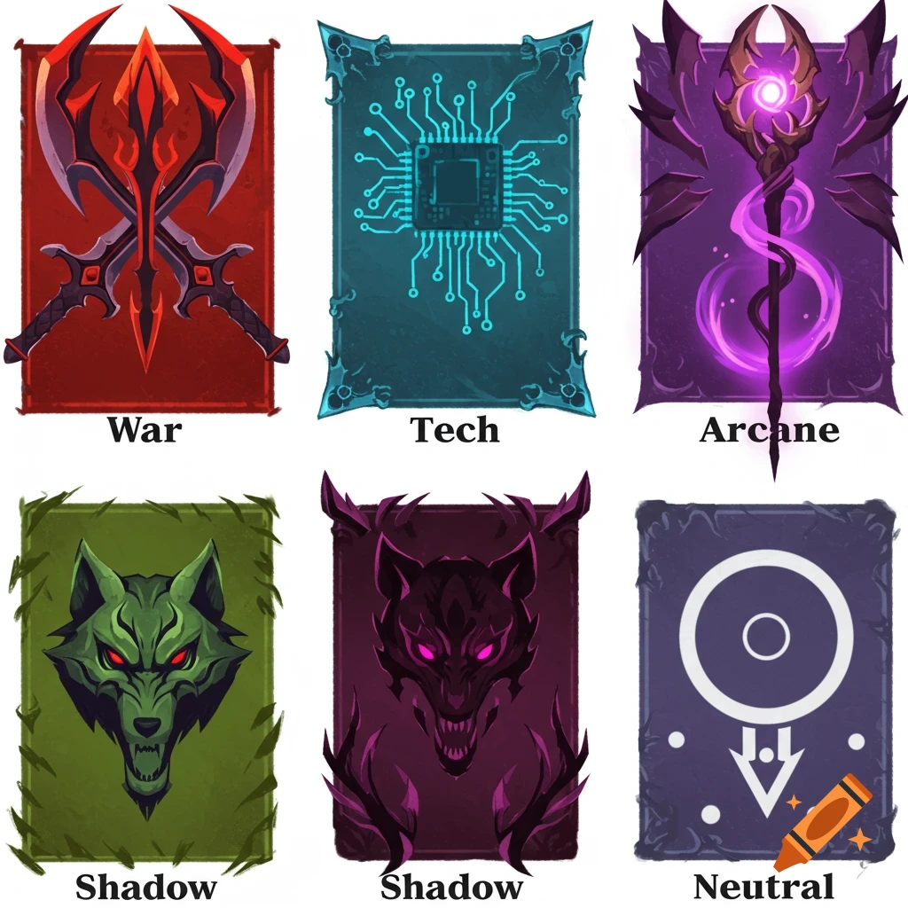 Six stylized fantasy/tech emblems: War (crossed axes), Tech (circuit board), Arcane (glowing staff), Shadow (green wolf head), Shadow (purple wolf head), Neutral (circle symbol with dots).