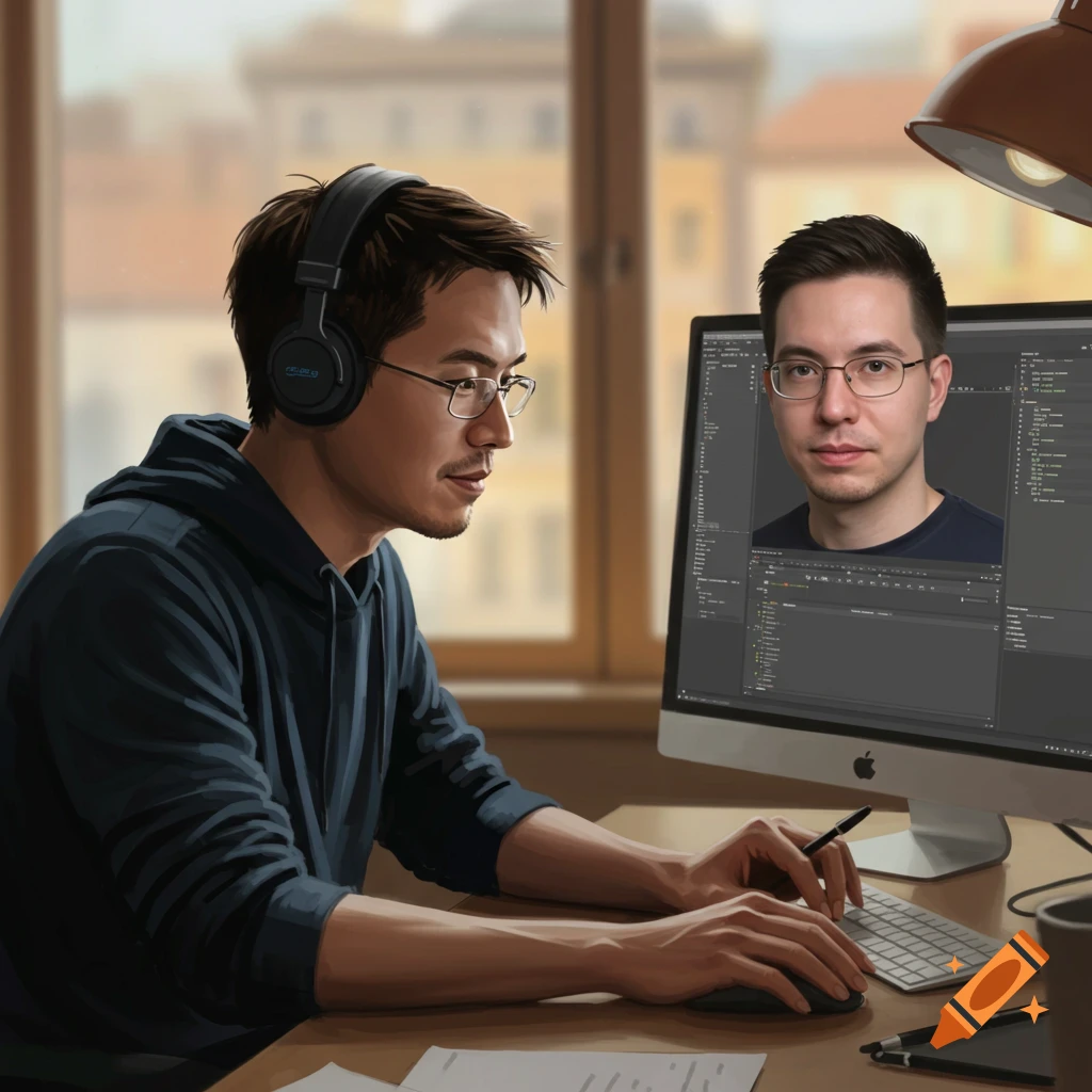 A person with headphones working at a computer, showing another person's face on the screen.