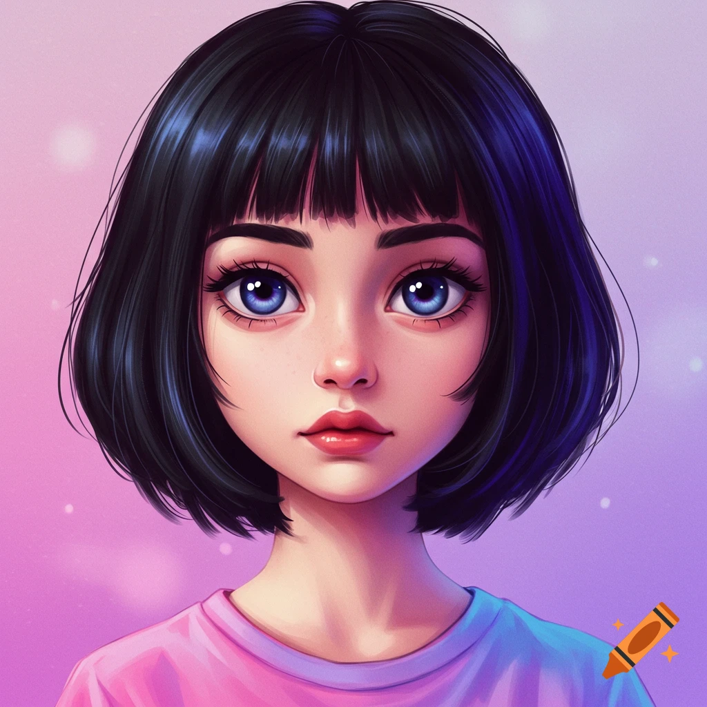 A girl with short black hair and bangs, blue eyes.