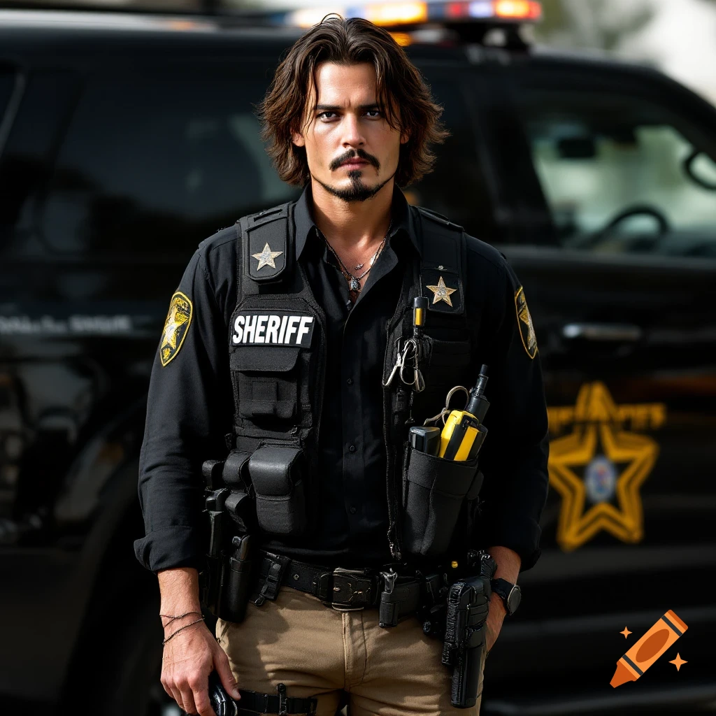 A man resembling Johnny Depp in a sheriff uniform stands in front of a police SUV