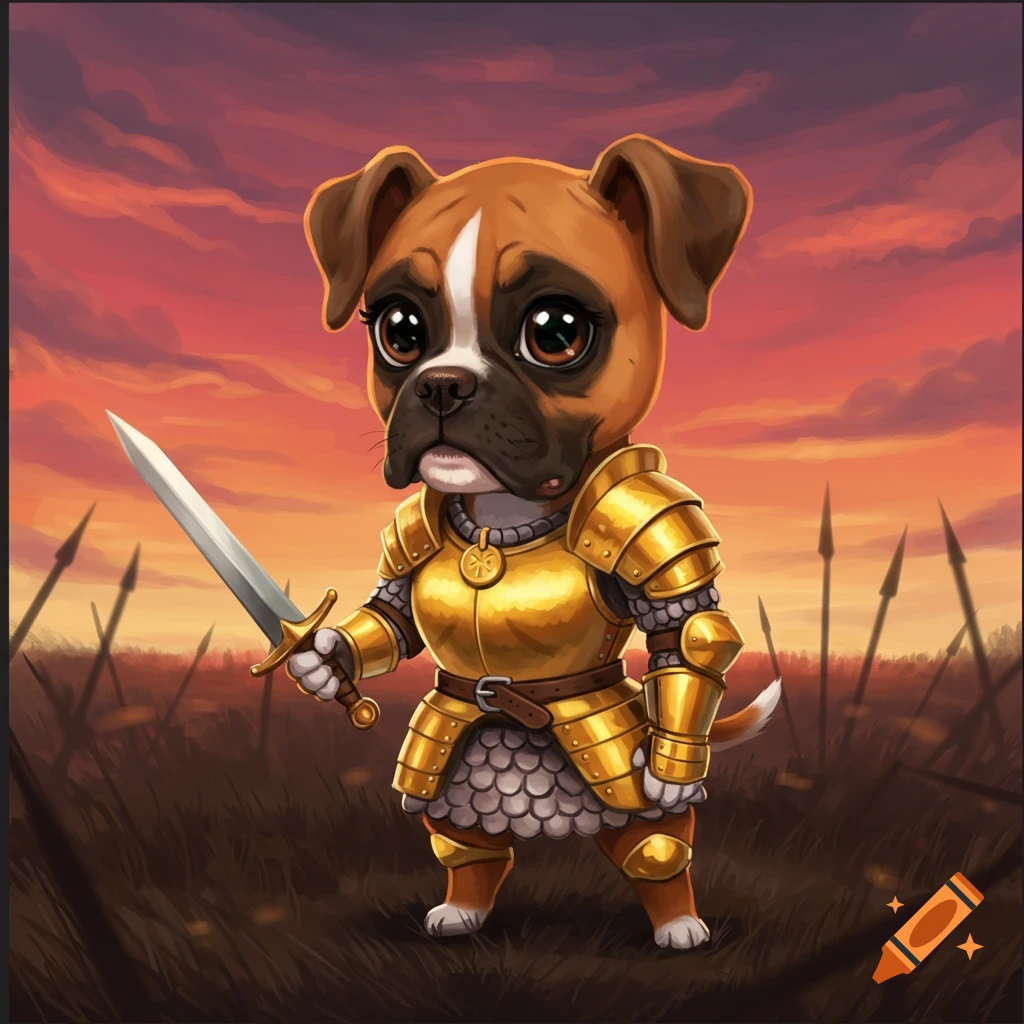 A cute boxer dog in golden armor holding a sword stands in a field.