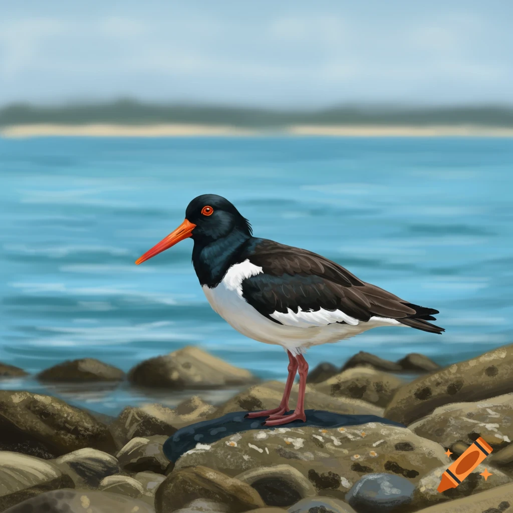 An American oystercatcher bird is standing on rocks by the water.