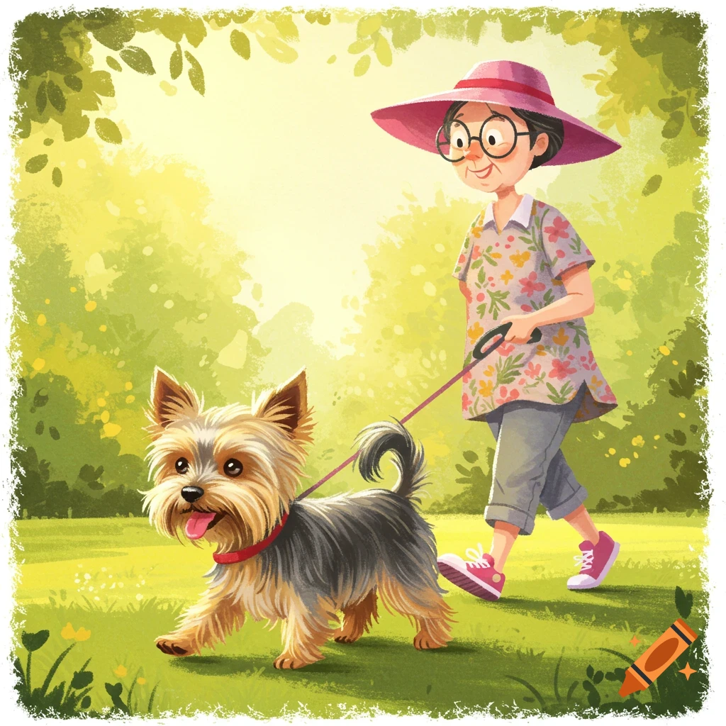 An old woman with glasses is walking a Yorkshire Terrier on a leash in a park.