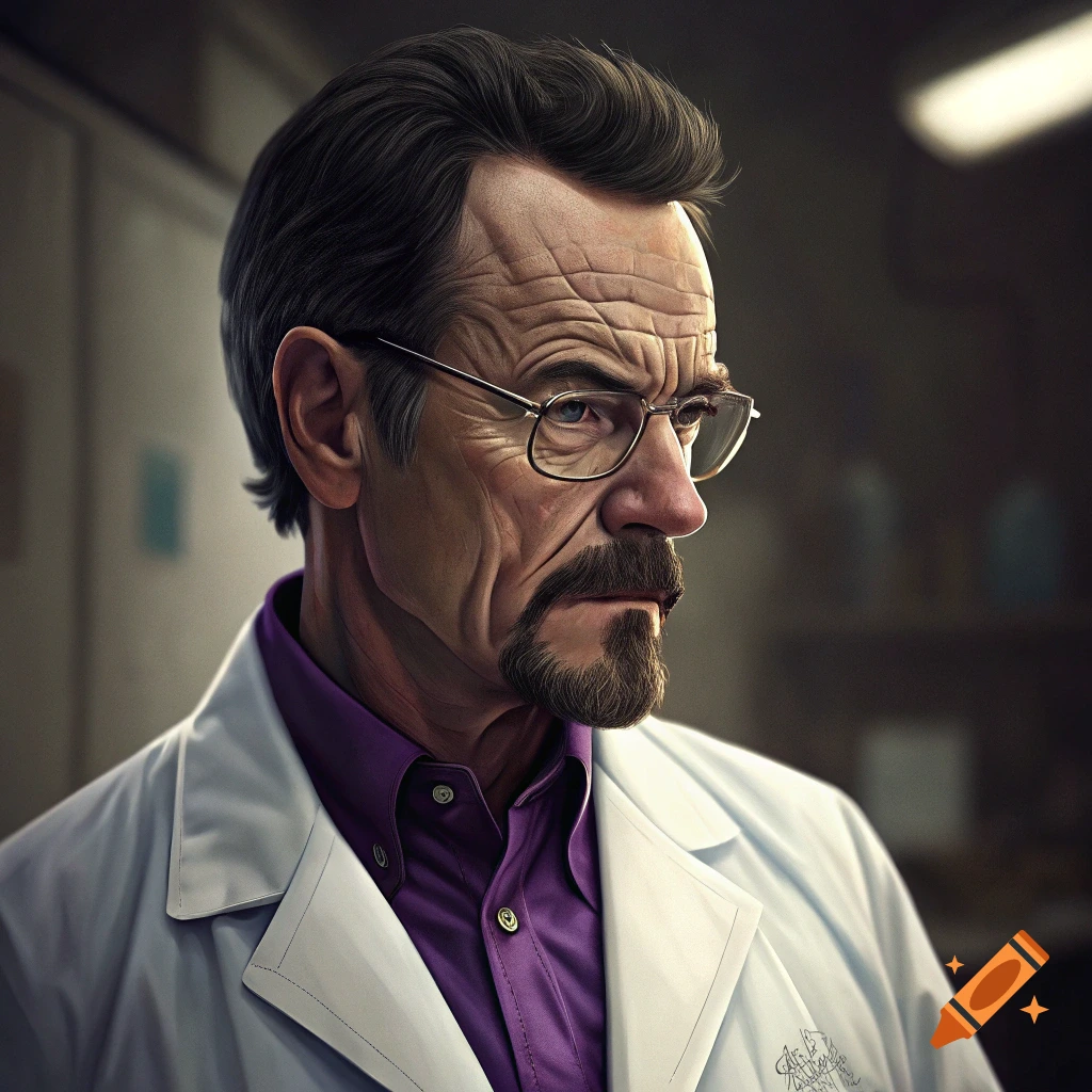 A photorealistic portrait of a man resembling Walter White in a lab coat and purple shirt.