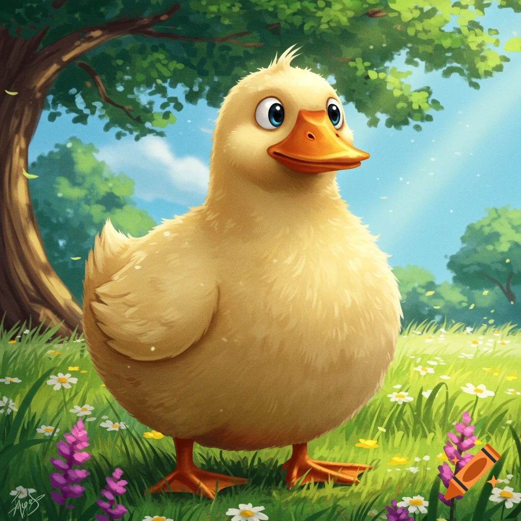 A cartoon duck stands in a sunny field of flowers and grass under a tree.