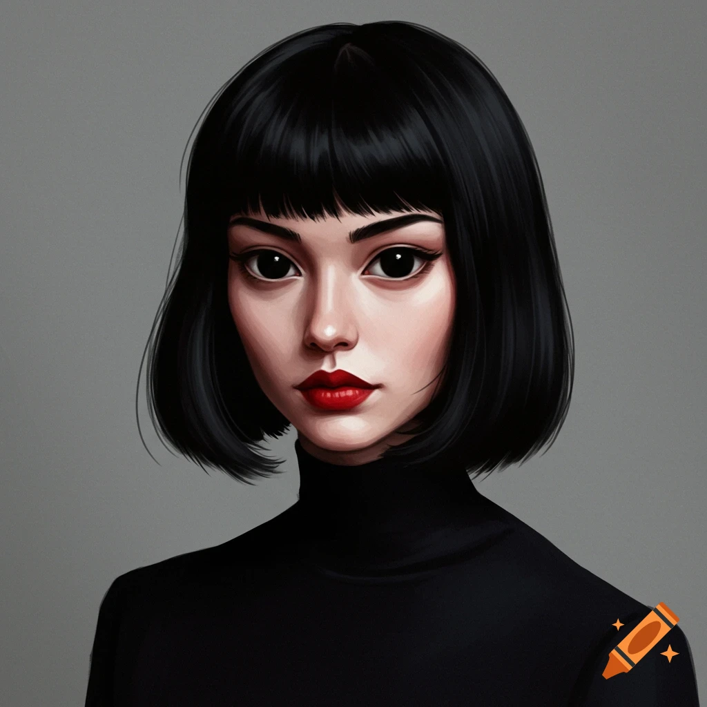 Portrait of a woman with short black hair, red lipstick, and large black eyes.