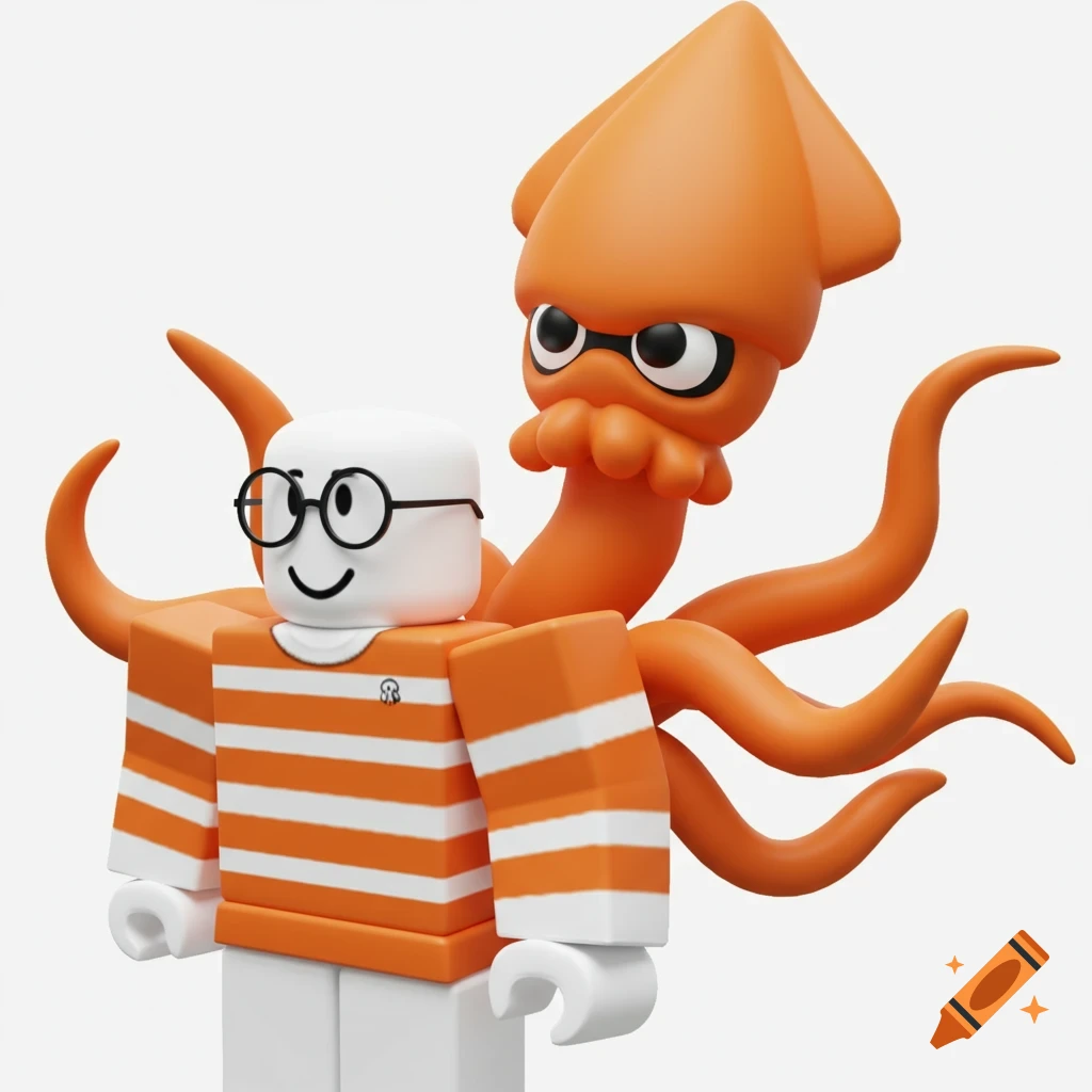 Roblox avatar with glasses and striped shirt wrapped in an orange squid