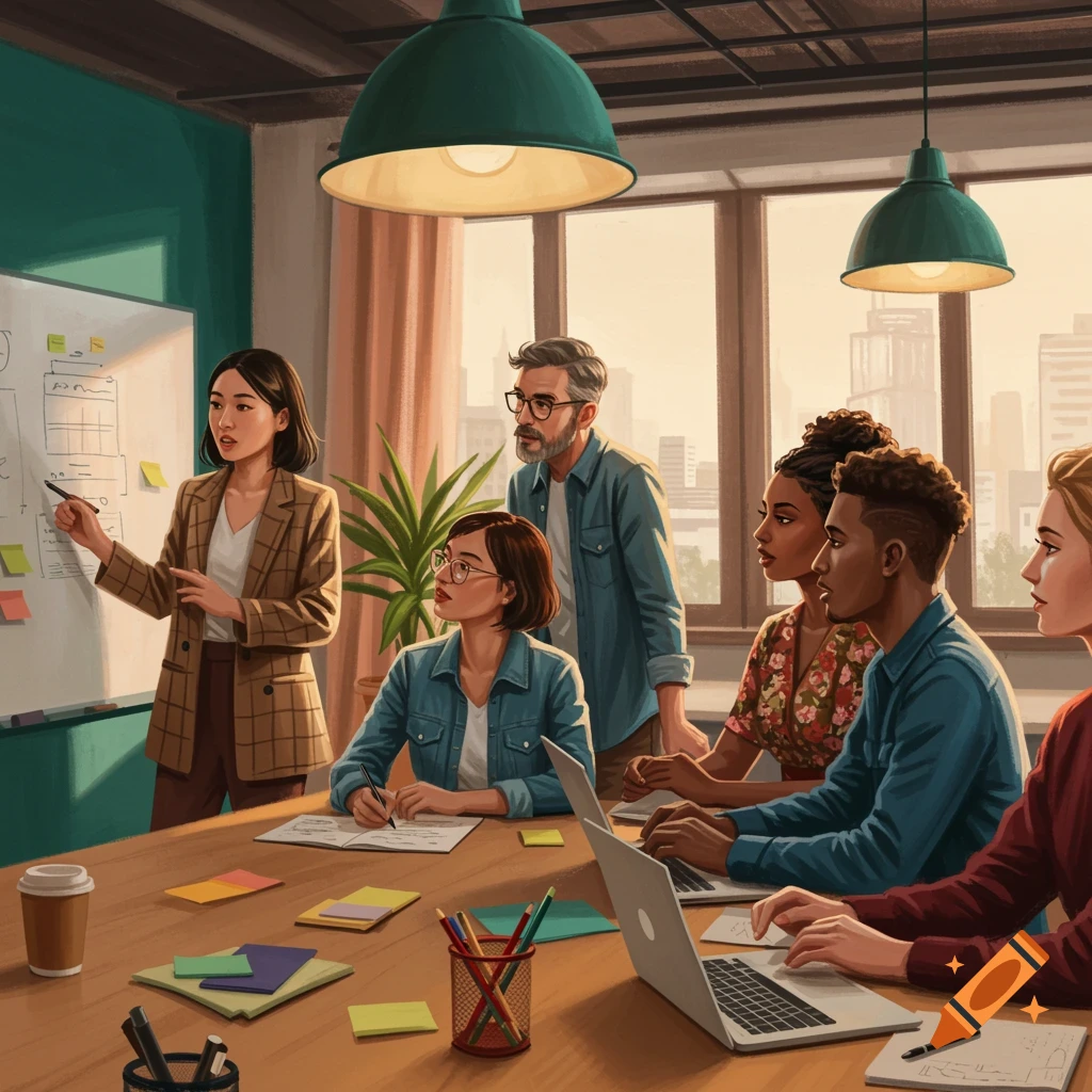 A diverse team of professionals in a modern office meeting room looking at a whiteboard.