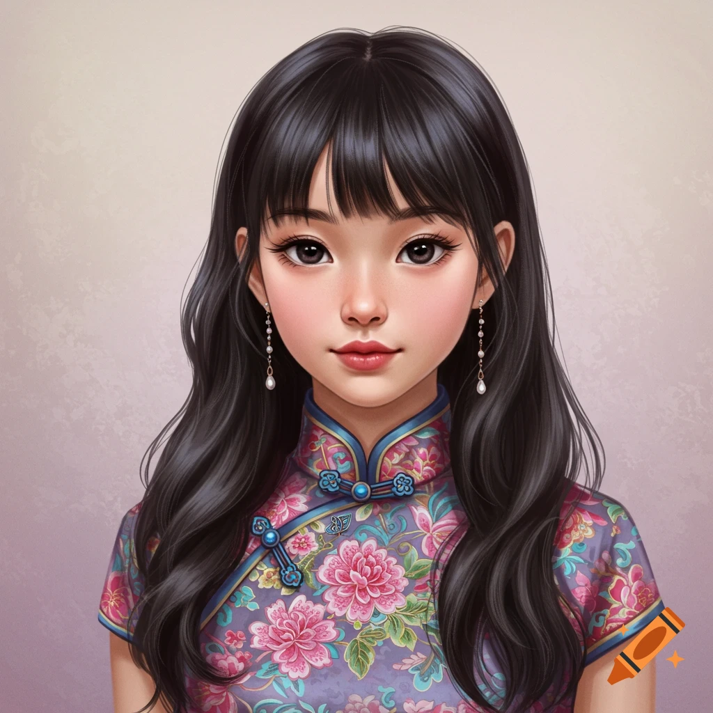 Portrait of an Asian girl wearing a purple floral traditional dress and earrings.