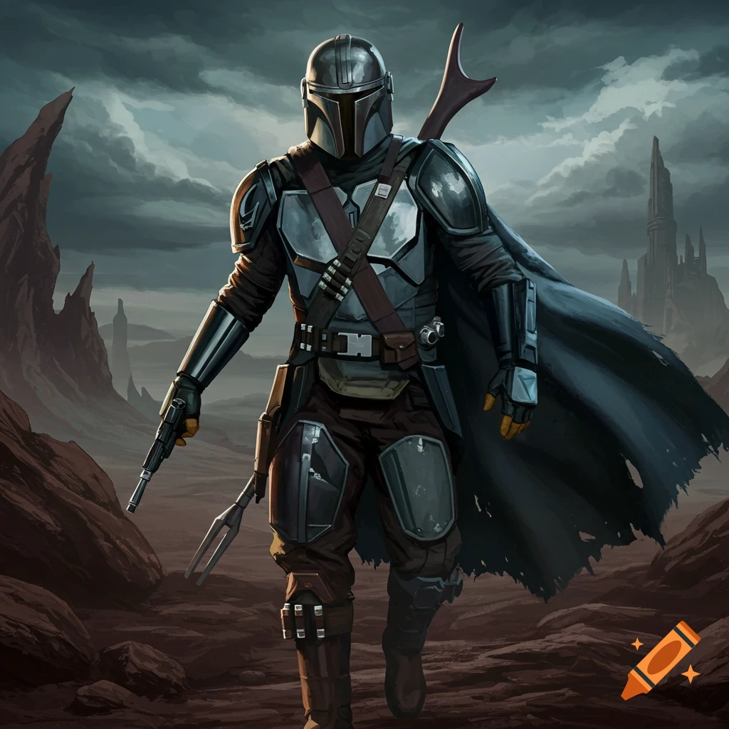 A Mandalorian-like bounty hunter in armor walks through a rocky, alien landscape under a cloudy sky.