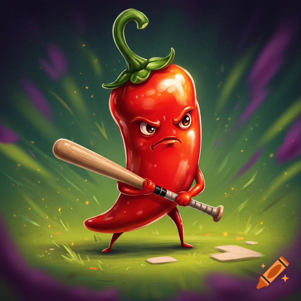 Cartoon chili pepper character holding a baseball bat on a field.