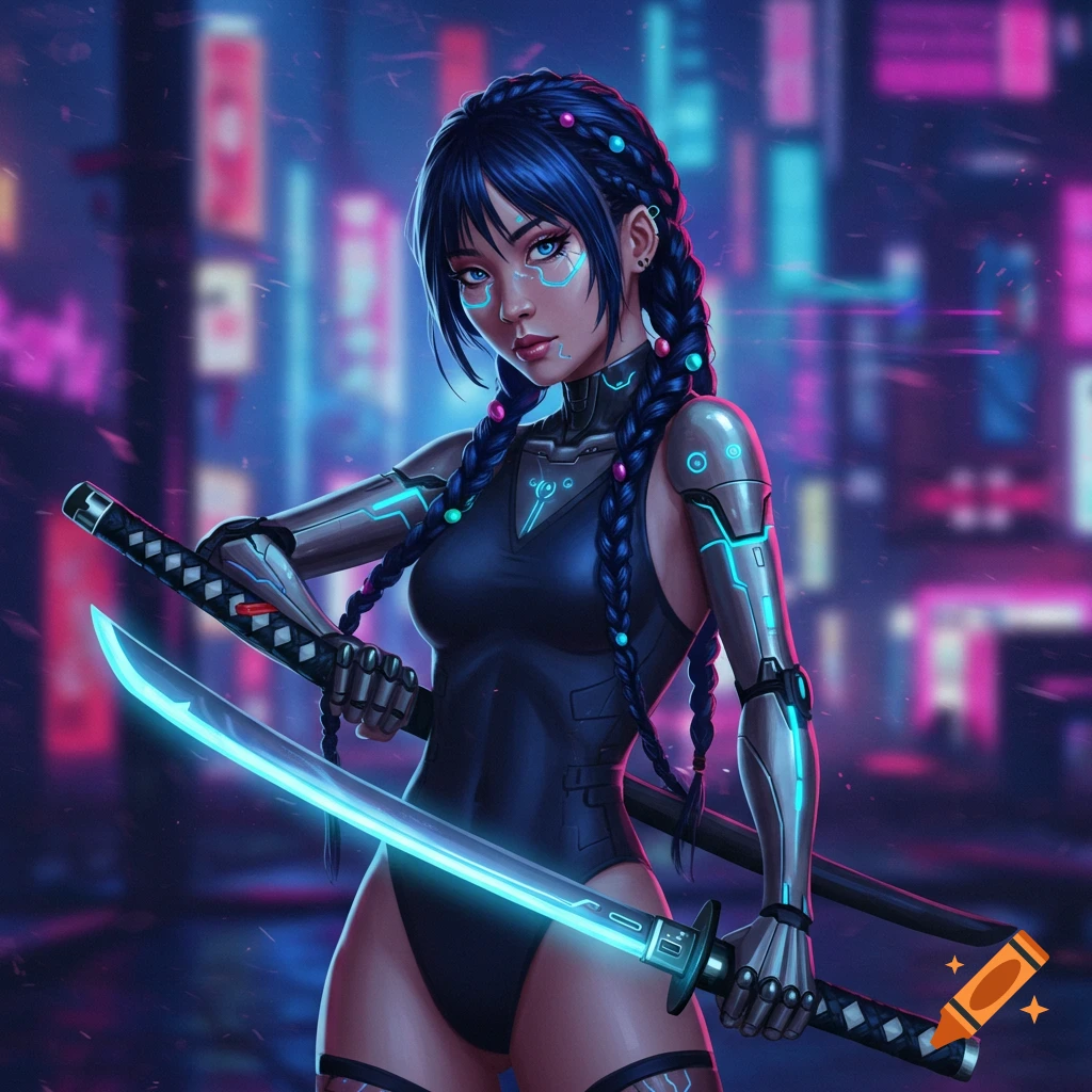a cyberpunk woman holding two glowing swords in a city street