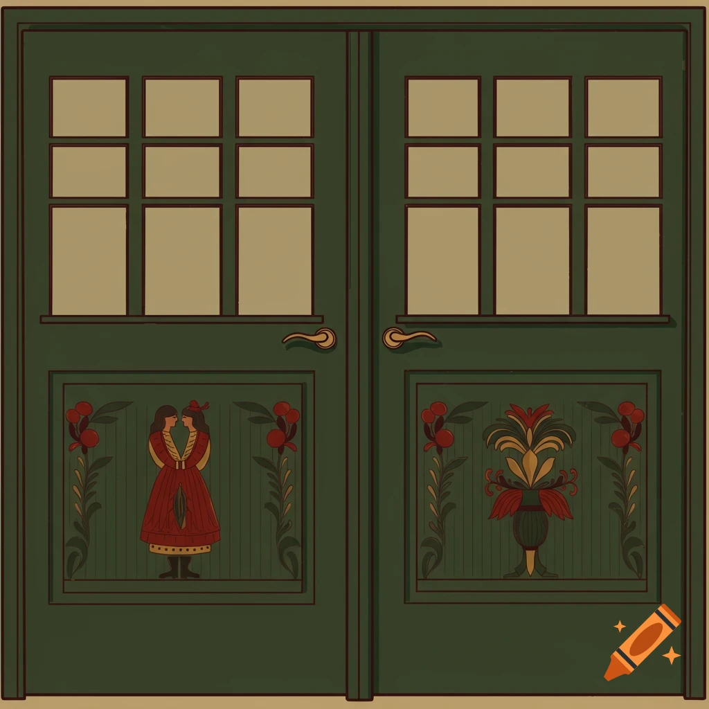 A dark green Craftsman style door with windows and red and gold folk art decorations, vector graphic style.