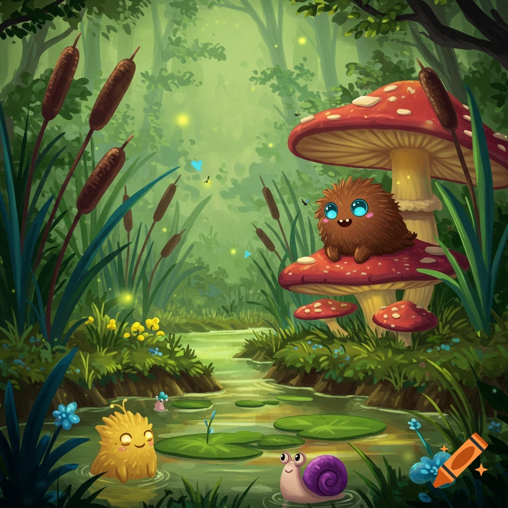 Cute fuzzy creatures and a snail in a fantasy bog with giant mushrooms, lily pads, and cattails.