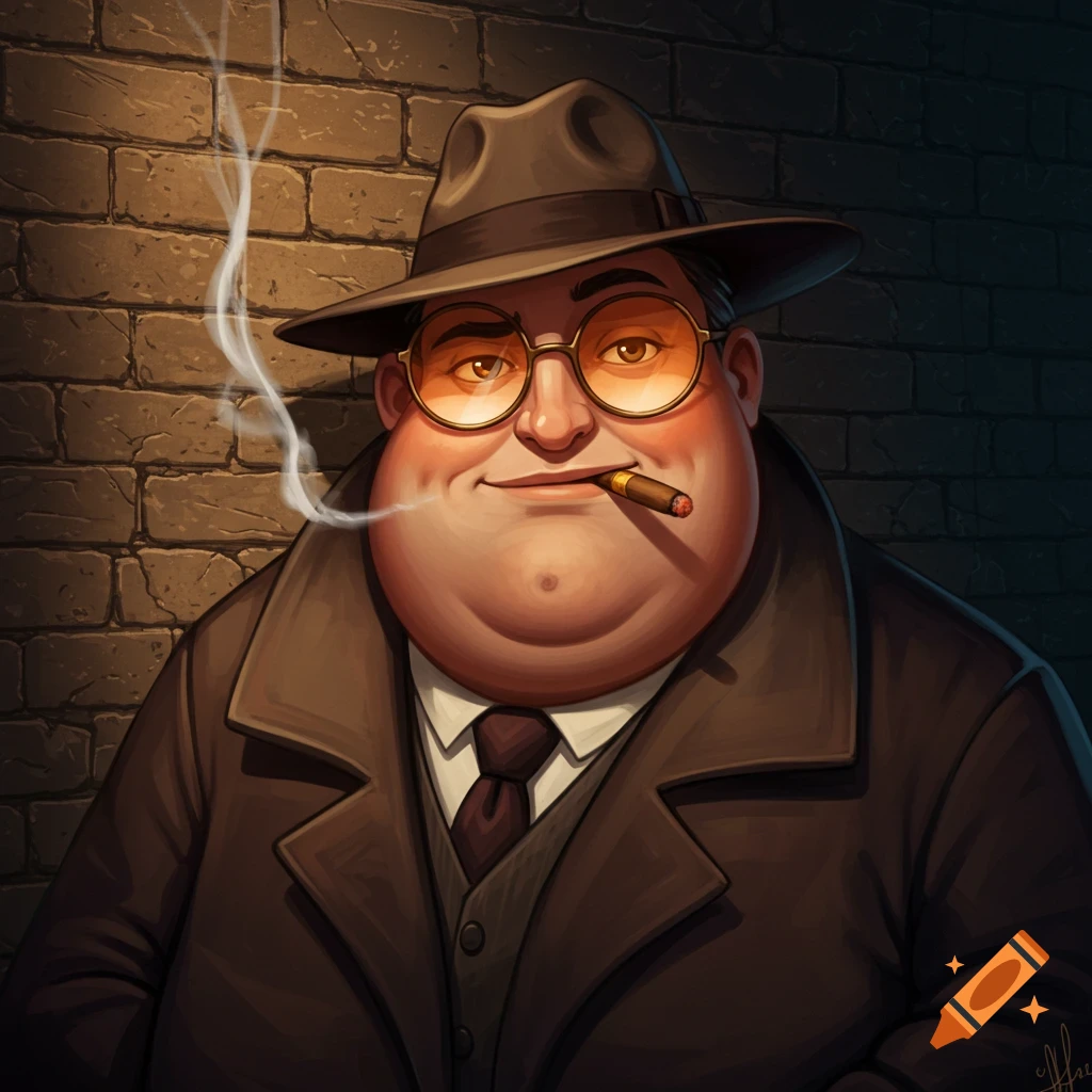 A cartoonish chubby man in a fedora, trench coat, and glasses is smoking a cigar.