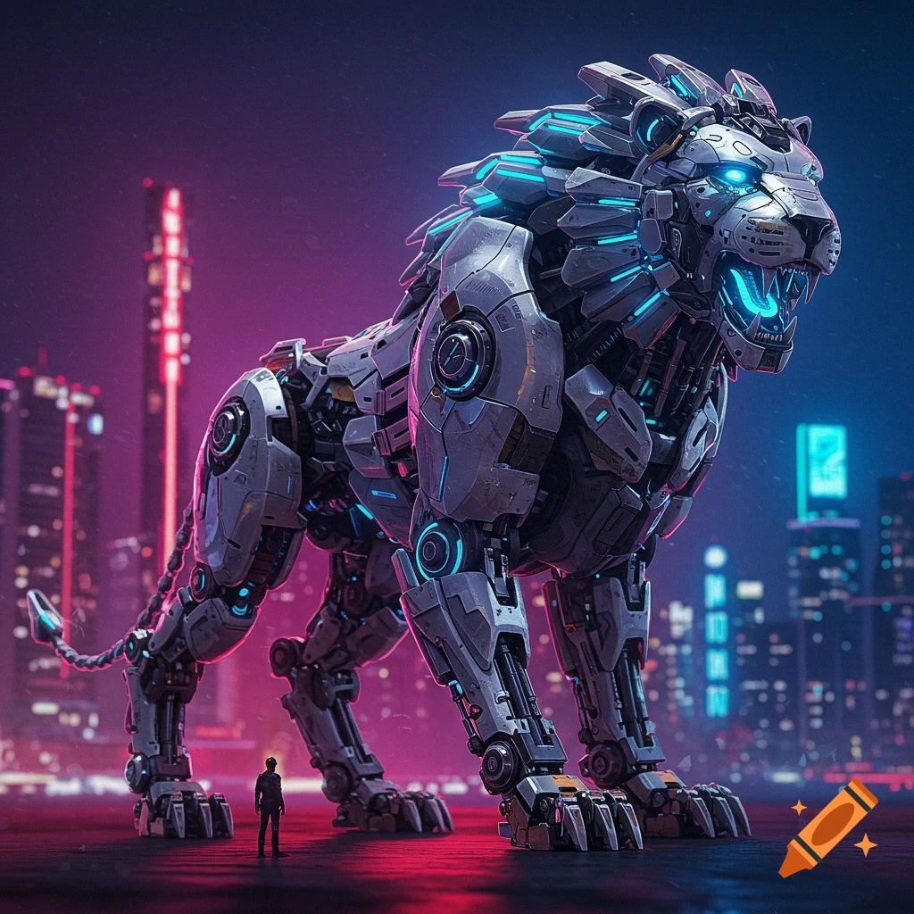 A giant robot lion stands in a futuristic city at night.