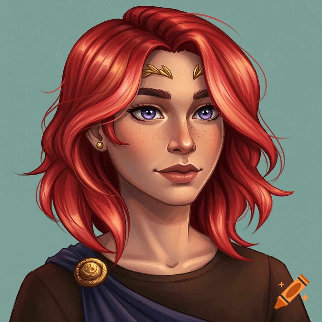 Portrait of a young woman with red hair, purple eyes, and freckles, wearing a brown shirt and blue drape.