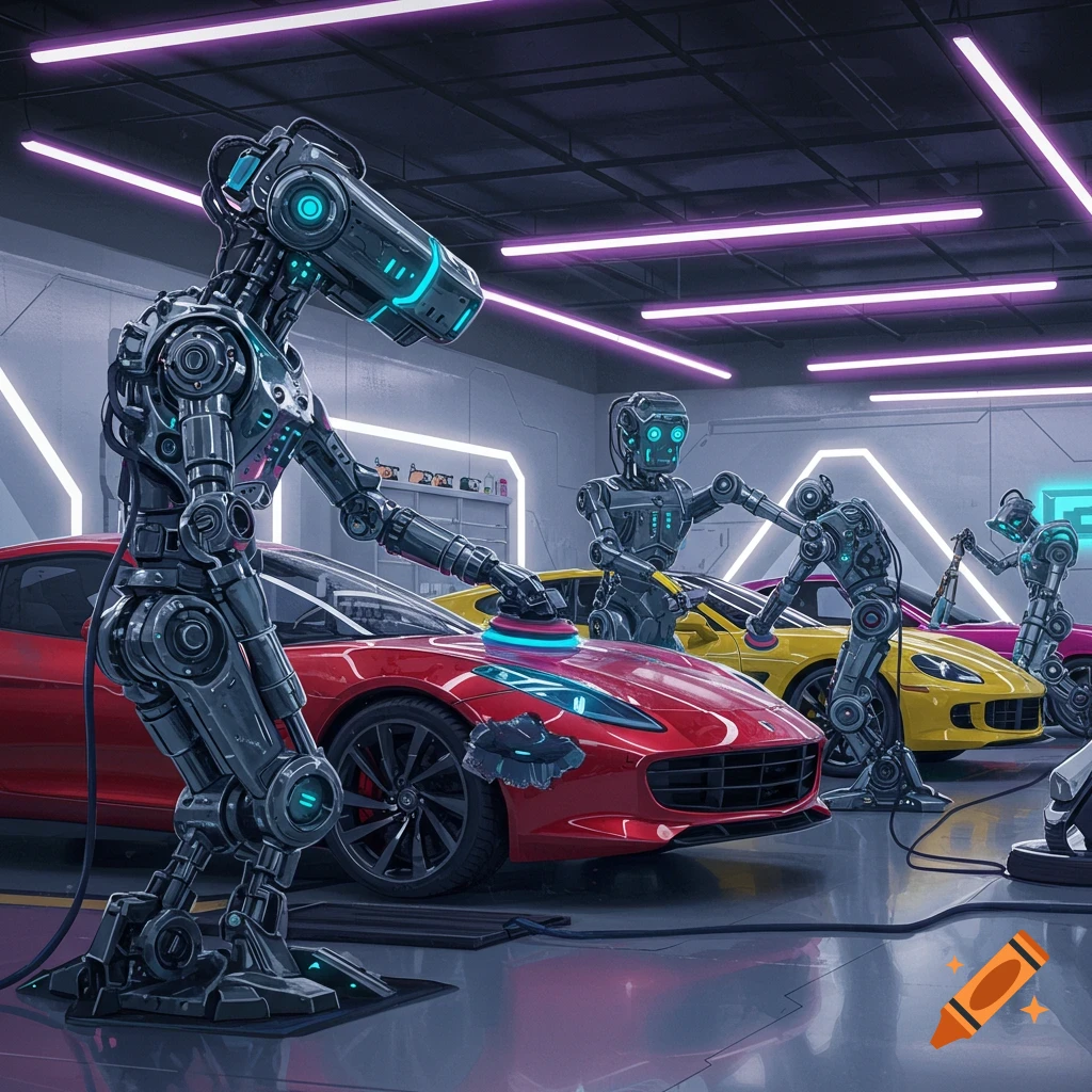 Robots detailing red, yellow, and pink cars in a futuristic garage.