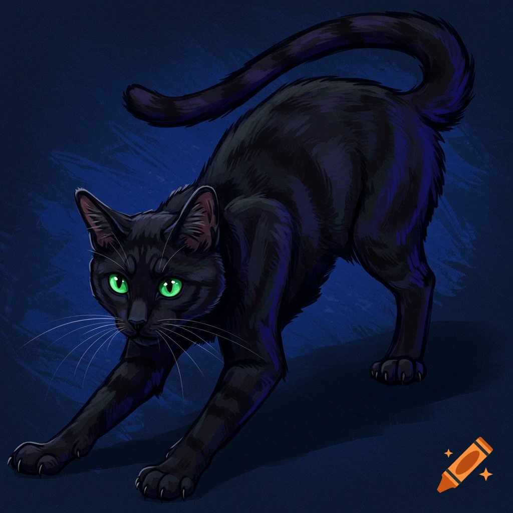 A black cat with bright green eyes stretching.
