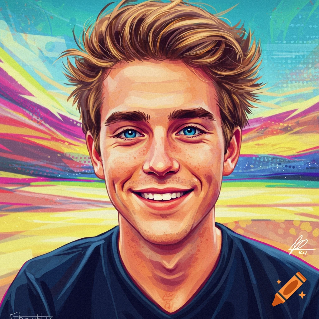 Portrait of a young man with blue eyes and messy blond hair smiling against a colorful abstract background.