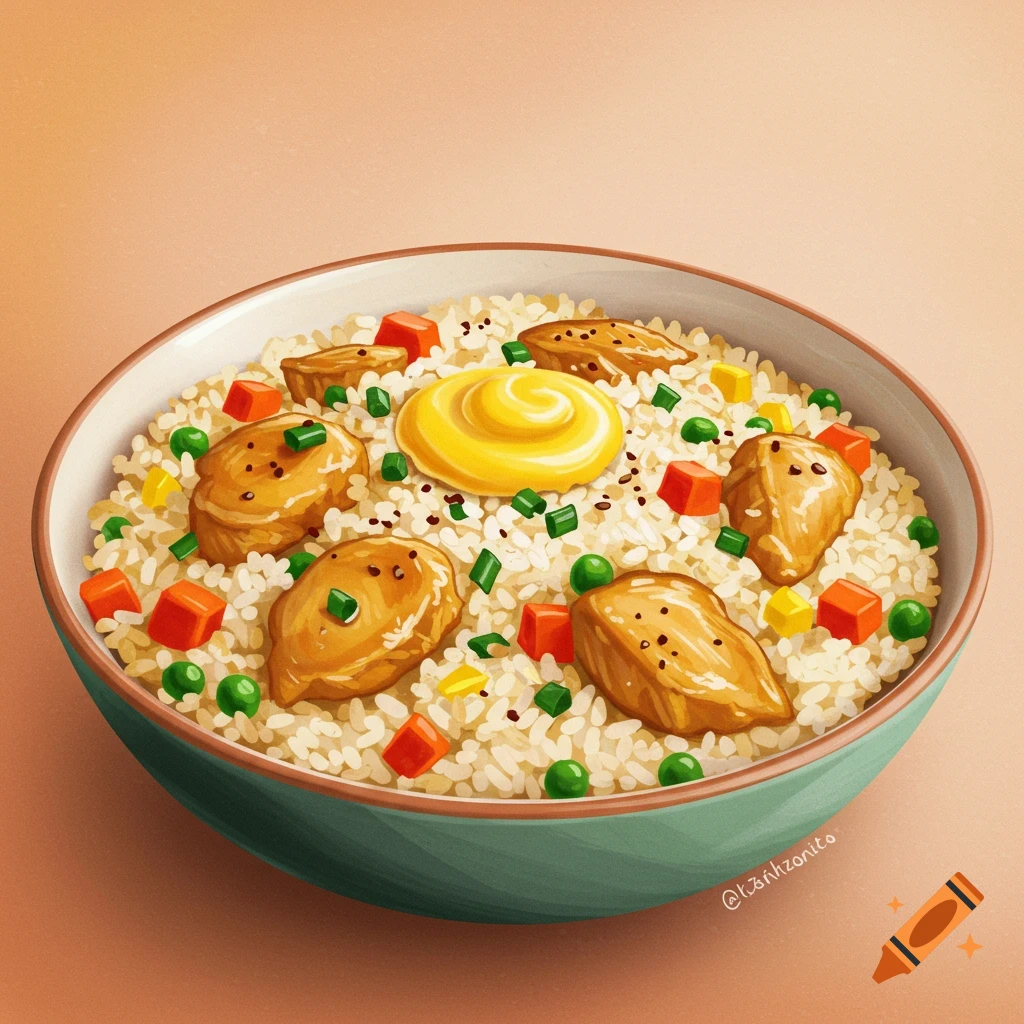 A bowl of arroz chaufa with chicken, vegetables, and sauce.