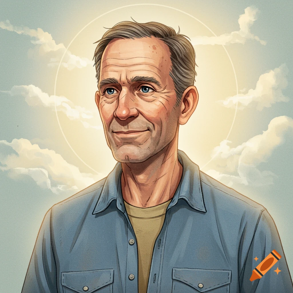 An older man is smiling against a sky with clouds and light.
