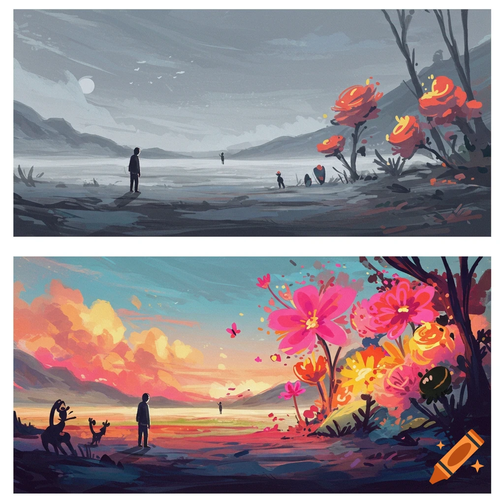 Image showing two landscapes: a dark gray one with figures and red flowers, and a vibrant, colorful one with figures and bright flowers.