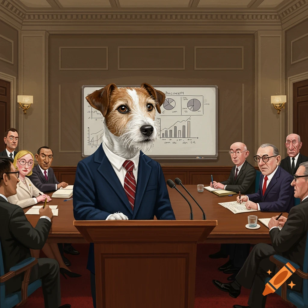 A Jack Russell Terrier in a suit is speaking at a podium in a boardroom.